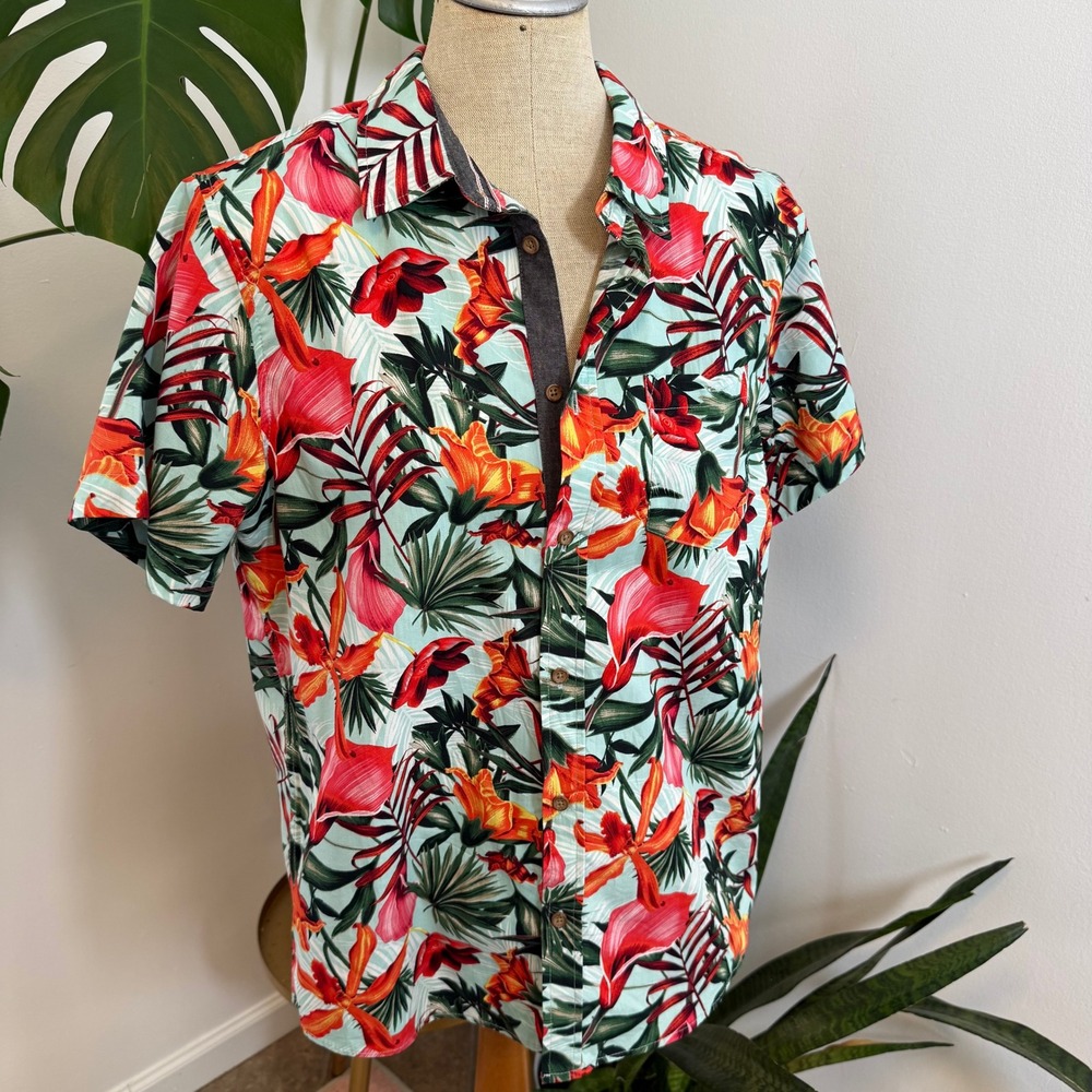 Ron Jon Surf Shop Hawaiian Shirt Men's Medium Aloha Tropical Floral Short Sleeve